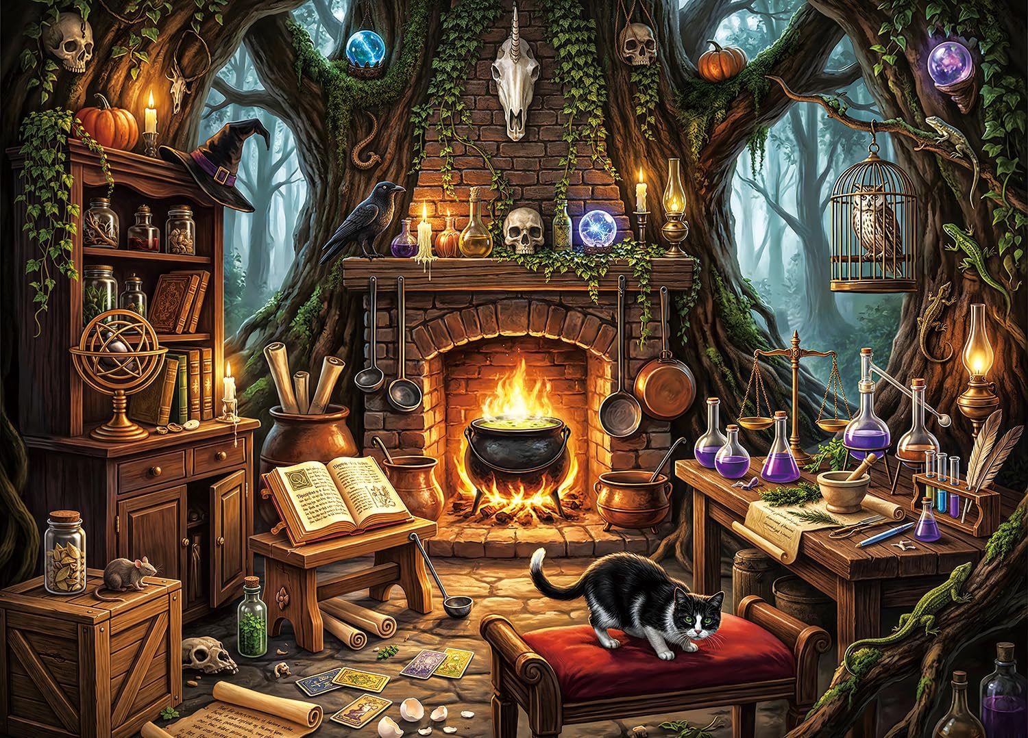 1000 Piece Puzzle for Adults, | Witch's Cottage with Cauldron & Black Cat Jigsaw Puzzle, Gothic Fantasy Wall Decor Art & Halloween Lover Gift, 27.56" x 19.7" 1000 Piece Puzzle for Adults - Image 1